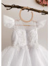 White Grid Lace Tulle V Back Short Flower Girl Dress